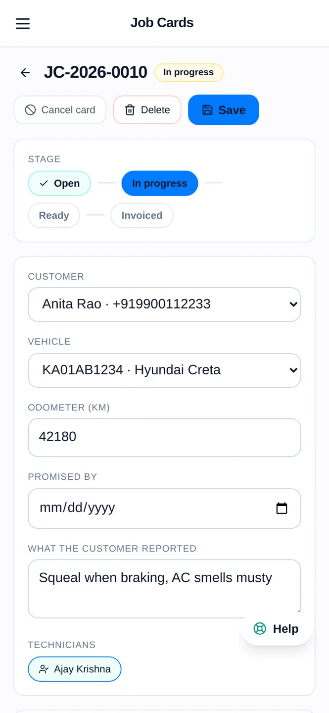Driveline job card on a phone